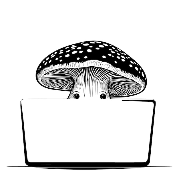 mushroom man with laptop vector line art illustration