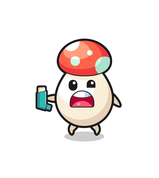 Mushroom mascot having asthma while holding the inhaler , cute design