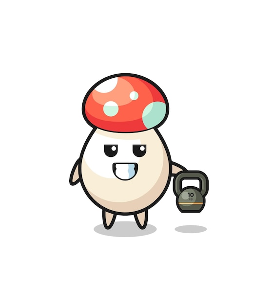 Mushroom mascot lifting kettlebell in the gym