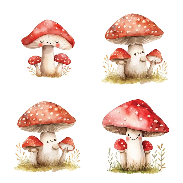 Mushroom mascot watercolor paint collection