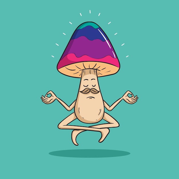 mushroom meditation cartoon character with doodle style
