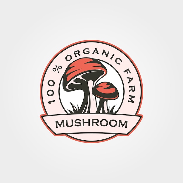Disegno dell'illustrazione del distintivo dell'etichetta dell'azienda agricola biologica dei funghi disegno del logo dell'azienda agricola dei funghi