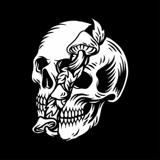 Векторная иллюстрация грибного черепа черно-белый дизайн