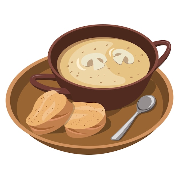 Vector mushroom soup puree mushroom puree soup on a tray with bread vector