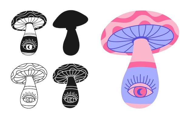 Гриб стилизует порчини фантастический набор ретро хиппи гриб украшенный сюрреалистический духовный абстрактный вектор