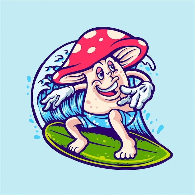 mushroom surfer character illustration