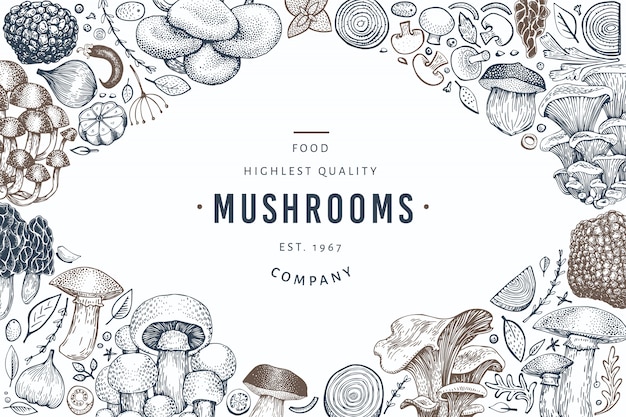 Mushroom template. Hand drawn food illustration. 