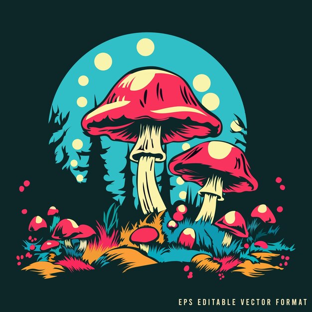 Mushroom trippy illustration psychedelic trippy fungus organic magic hippie cartoon drawing Vector