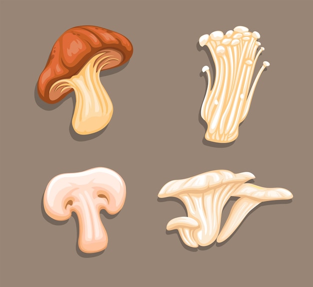 La raccolta di variazioni di funghi ha impostato il vettore dell'illustrazione di simbolo dell'alimento vegetale