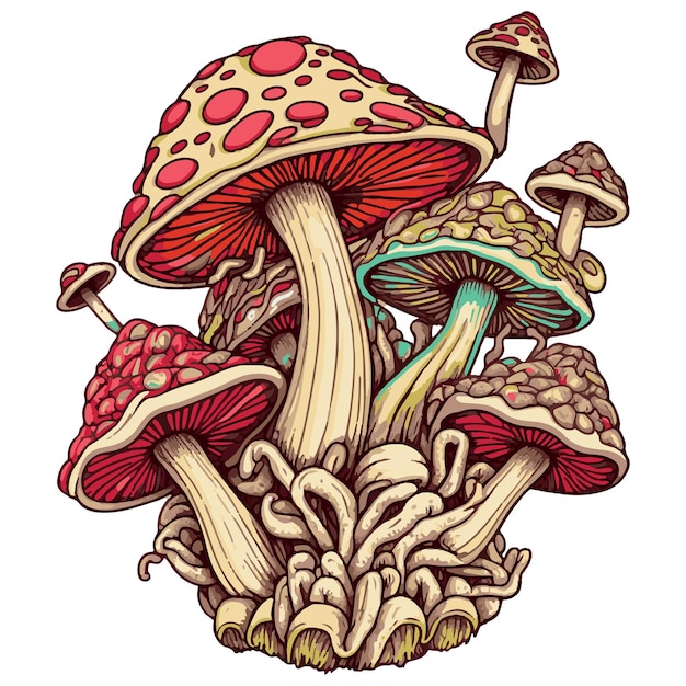 Mushroom vector illustration Psychedelic trippy fungus Organic magic hippie cartoon drawing