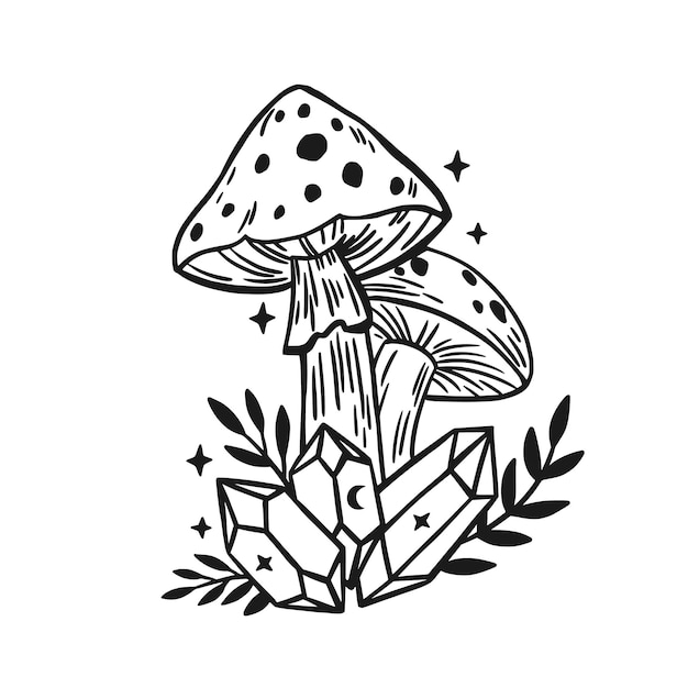 Mushroom for witchcraft with leaves and crystal vector isolated illustration with fungies