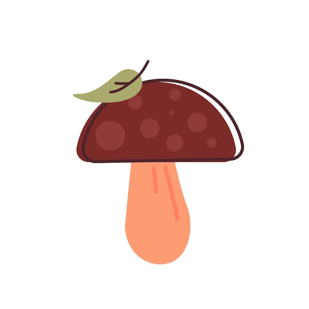 Mushroom with green leaf Fall element Flat cartoon vector