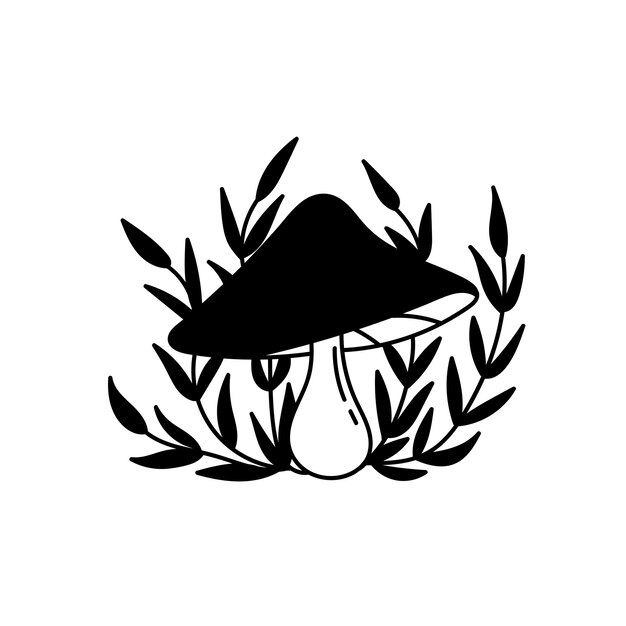 Mushroom with twigs and stars Black and white vector clip art