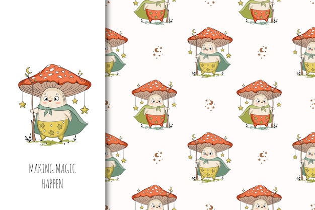 Mushroom wizard cartoon vector illustration and seamless background