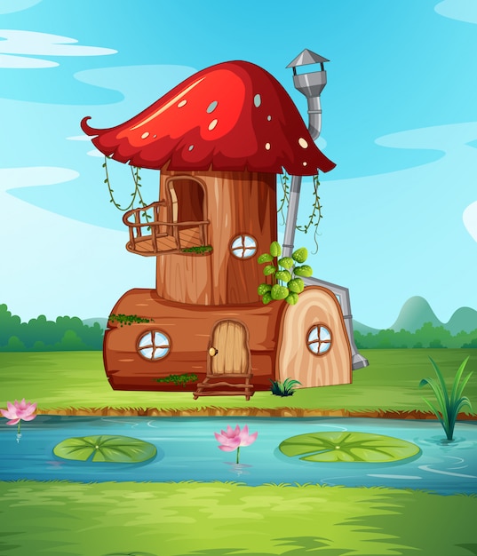 Vector mushroom wooden house in nature