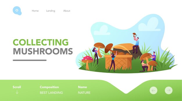 Mushroomers walk in forest, activity, hobby landing page template. happy tiny characters spend time outdoors in autumn season pick up mushrooms and put into basket. cartoon people vector illustration