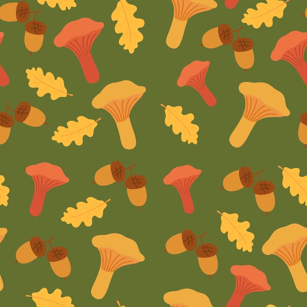 Mushrooms and acorns seamless pattern Autumn pattern Fall background with mushrooms