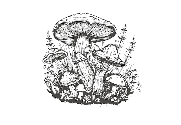 Mushrooms in black and white A handdrawn sketch highlighted on a white background Vector illustration