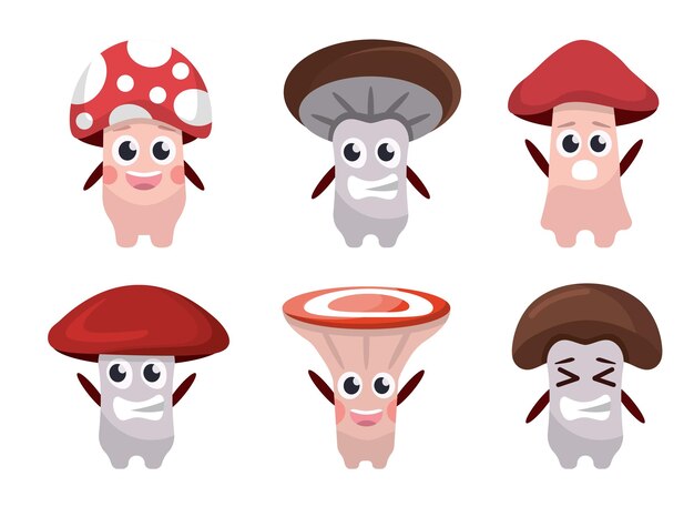 Vector mushrooms characters cartoon cute funny childish characters mushrooms different emoji chanterelles amanita champignons porcini boletus vector cartoon characters set of isolated objects