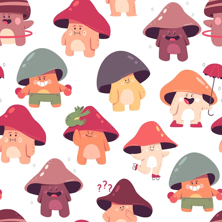 Vector mushrooms characters vector cartoon seamless pattern background