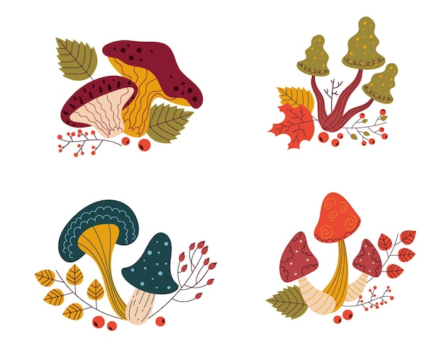 Mushrooms compositions Cartoon forest funguses with twigs berries and leaves Organic diet vegetable products Autumn harvest Poisonous or edible plants Vector isolated wild botanical elements set