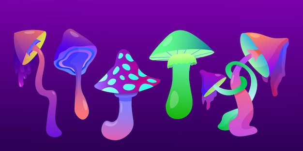 Vettore funghi fantasia allucinogena cartone animato psichedelico fiaba set magico piante aliene colorato botanico psilocibina pazzo mistico fantastico fungo foresta simboli vettoriali set di illustrazioni