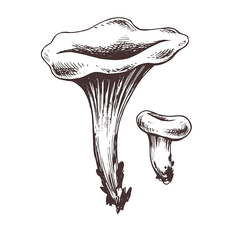 Vector mushrooms forest edible chanterelles orange yellow graphic botanical illustration hand drawn in