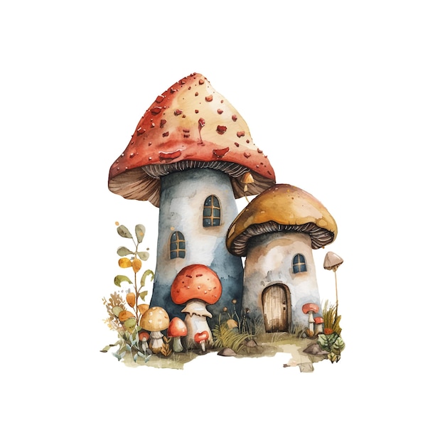 mushrooms house vector ilustration in watercolour style