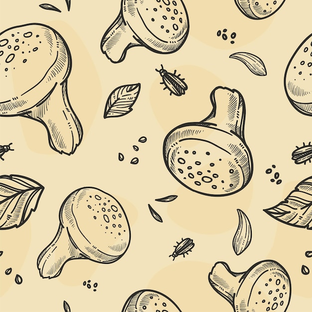 Vector mushrooms and leaves organic products pattern