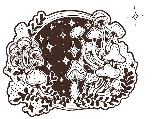 Funghi grafica magica mistica disegnata a mano stelle lunari tarocchi intuizione volare agarics funghi veleni set adesivi di sfondo colorazione