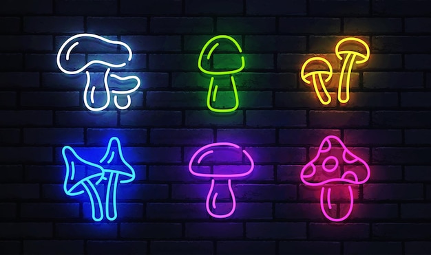 Vettore funghi insegna al neon insegna luminosa banner luminoso icona dei funghi emblema al neon illustrazione vettoriale