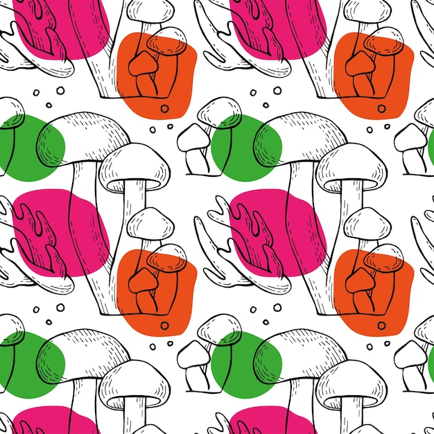 Mushrooms outline vector seamless pattern for textile wrapping paper wallpaper on white background
