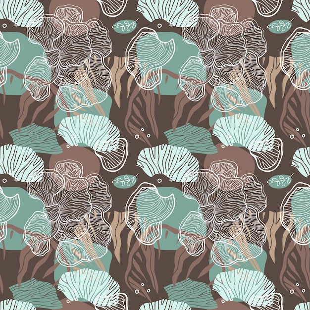 Mushrooms outline vector seamless pattern for textile, wrapping paper, wallpaper