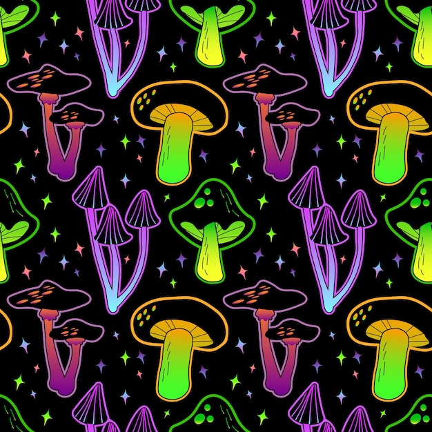 Грибной рисунок Психоделические цветные неоновые формы грибов бесшовный фон для печатного дизайна недавний векторный шаблон EPS