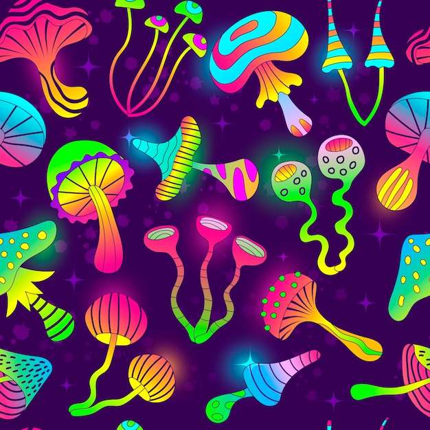 Modello di funghi droghe psicodeliche malsane forme al neon colorate fungo sfondo senza giunture per disegni di stampa modello vettoriale recente