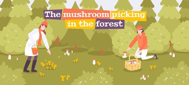 Mushrooms people forest composition with outdoor landscape and human characters seeking for mushrooms