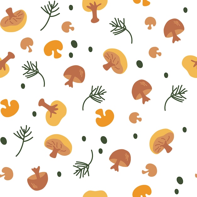 Vector mushrooms seamless pattern. champignons and herbs, pickles. food background. organic product. marinated vegetables. wallpaper, textile, wrapping paper.  hand draw vector illustration.