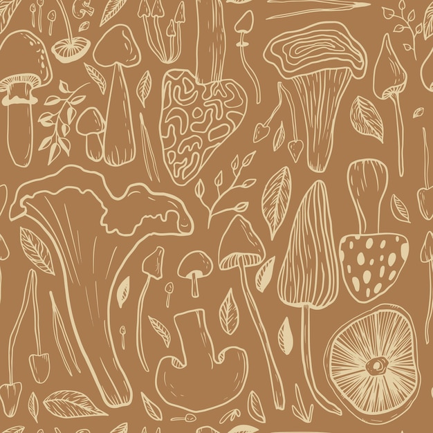 Mushrooms seamless pattern on an emerald background forest mushroom print in doodle style