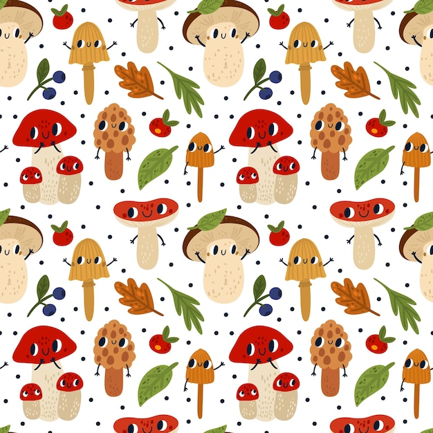 Mushrooms seamless pattern Funny cartoon characters with eyes and hands cute forest plants kids wallpaper and print autumn botanical elements white background Vector wrapping paper