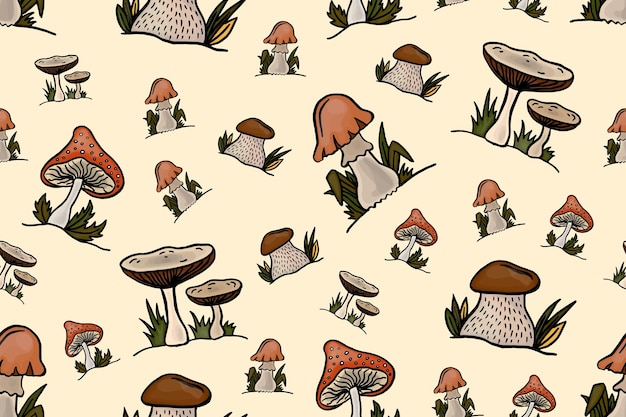 Illustrazione del modello senza cuciture dei funghi fungo della foresta di fantasia isolato fungo pallido o funghi amanita stampa doodle agarico sfondo di stampa tessile