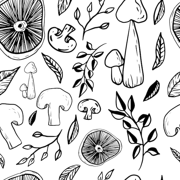 낙서 스타일의 에메랄드 배경 숲 버섯 인쇄에 버섯 원활한 패턴