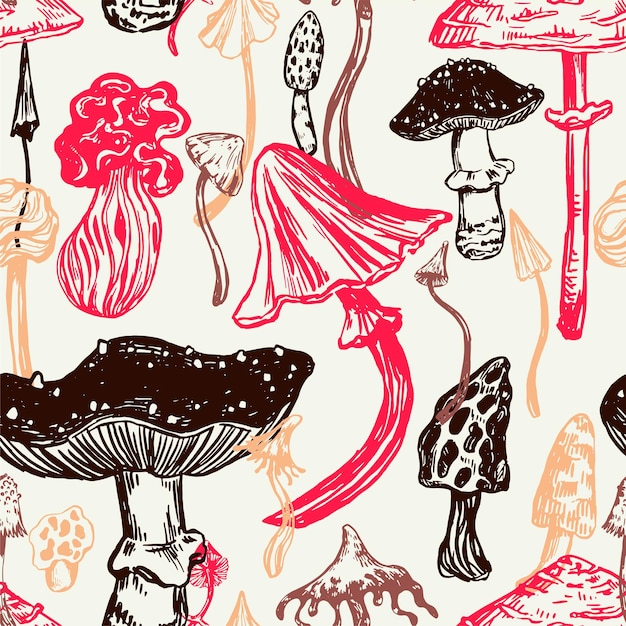 Mushrooms seamless pattern Ornament of varied poisonous mushrooms Vector illustration in retro engraving style Abstract design for wallpaper decor wrap background textile