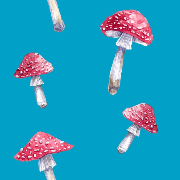 Mushrooms seamless pattern with red fly agaric mushroom, watercolor illustration on blue background