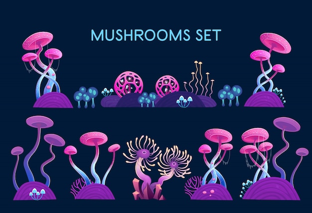 Set di funghi. funghi fantasia e piante magiche. illustrazione dello spazio. dettagli per giochi e applicazioni mobili