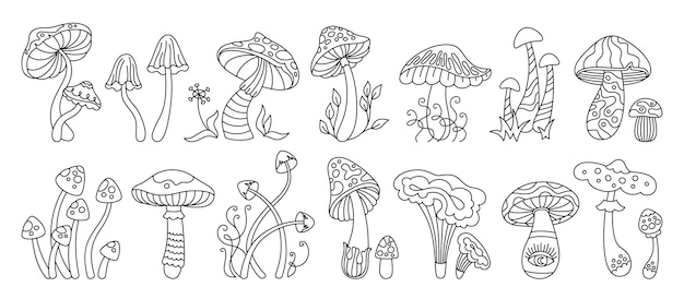 Mushrooms stylizes hippie doodle linear set mystical boho magic poisonous edible tattoo vector