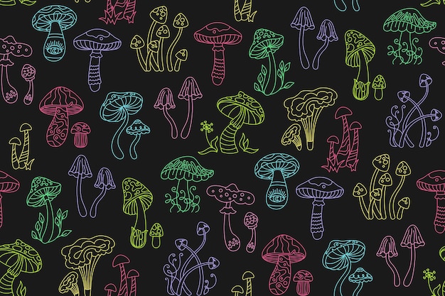 Mushrooms stylizes hippie retro seamless pattern psychedelic endless doodle linear background design