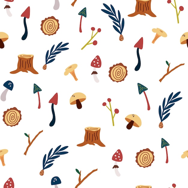 Mushrooms and twigs seamless pattern forest plants elements wild botanical set scandinavian style vector background for fabric textile apparel wallpaper