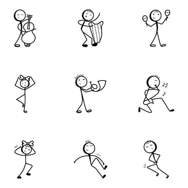 Vector music activities stick figure drawing icons