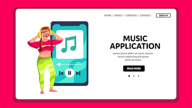 Vettore applicazione musicale utilizzando la donna sul vettore del telefono. canzoni d'ascolto della ragazza sull'applicazione di musica. personaggio che riposa melodia in auricolari gadget su telefono app web piatto fumetto illustrazione