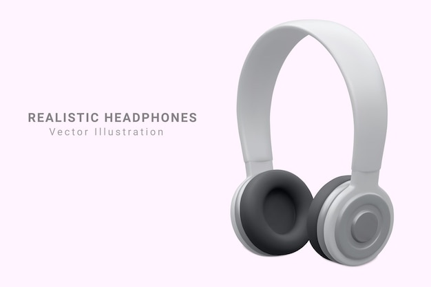 音楽オーディオ ホワイト ヘッドフォン モダンなオーディオ ヘッドセット 現実的な 3 d デザイン アイコンは、白い背景ベクトル図に分離
